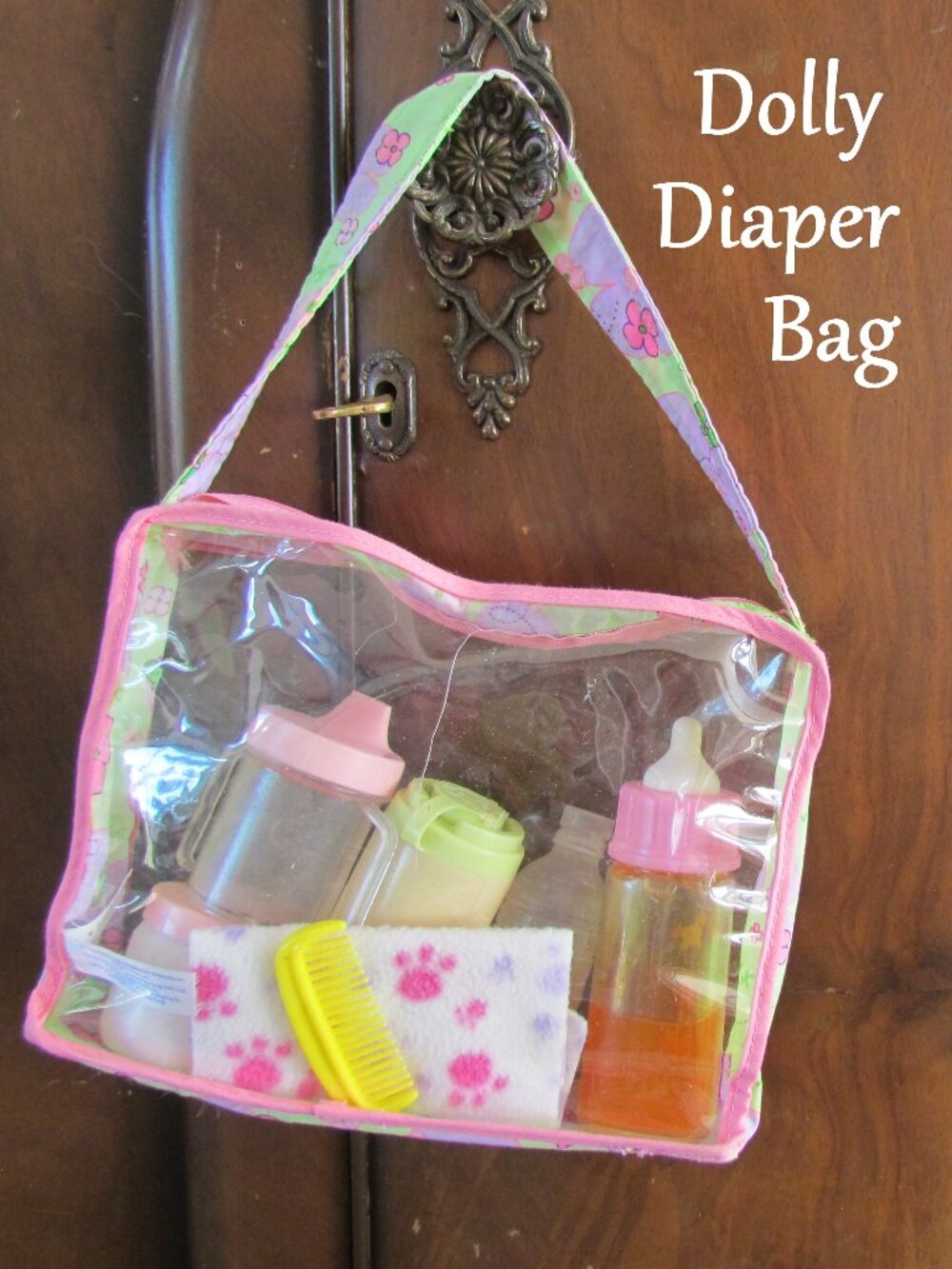 DOLL DIAPER BAG w MAGIC JUICE BOTTLE, SIPPY CUP, COMB, BURP CLOTH, MORE, VINTAGE